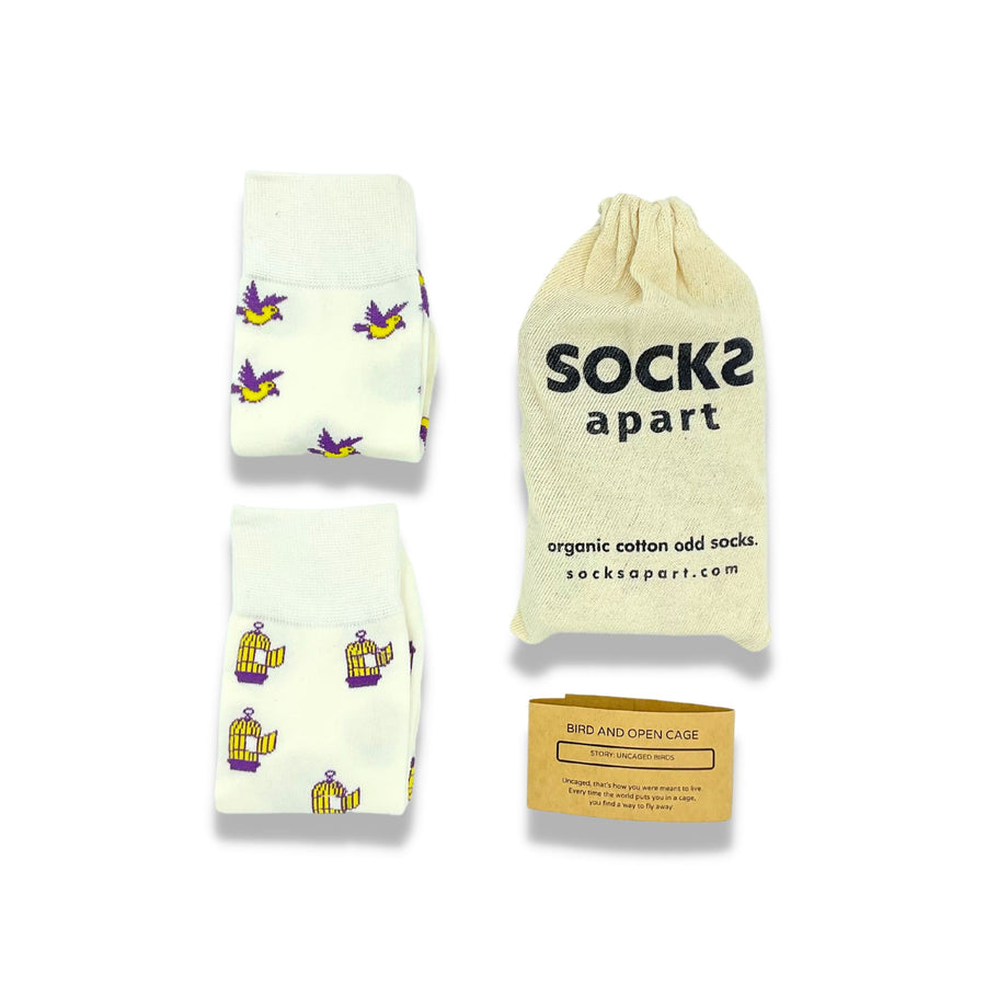 Organic corona socks, birds and open cages socks, socks apart