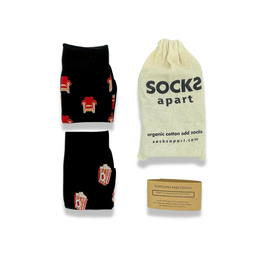 popcorn and couch socks. Organic cotton socks,, socks apart. socks with pouch